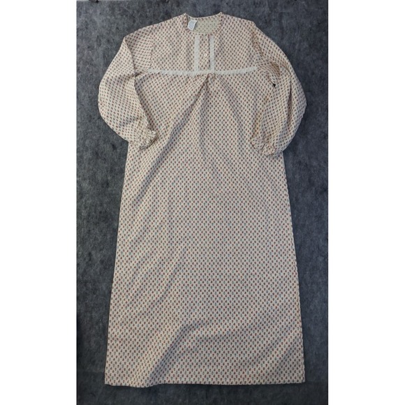 Vtg Flannel Nightgown Large Beige Pink Floral Long Lace USA Made Cottagecore - Picture 2 of 11